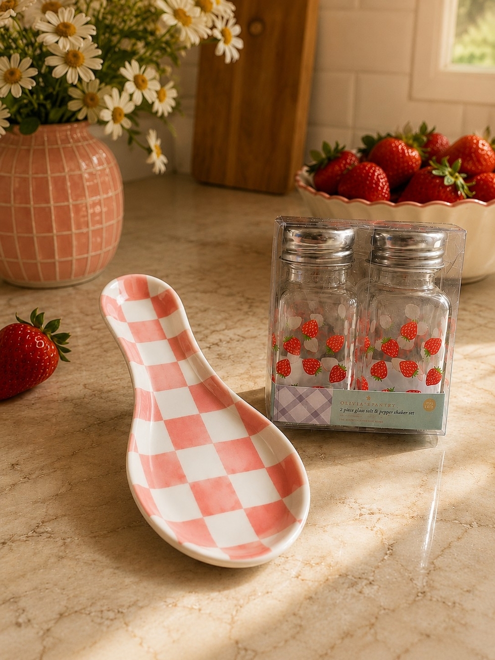 Pink Checker Spoon Rest with Strawberry Glass Salt & Pepper Set